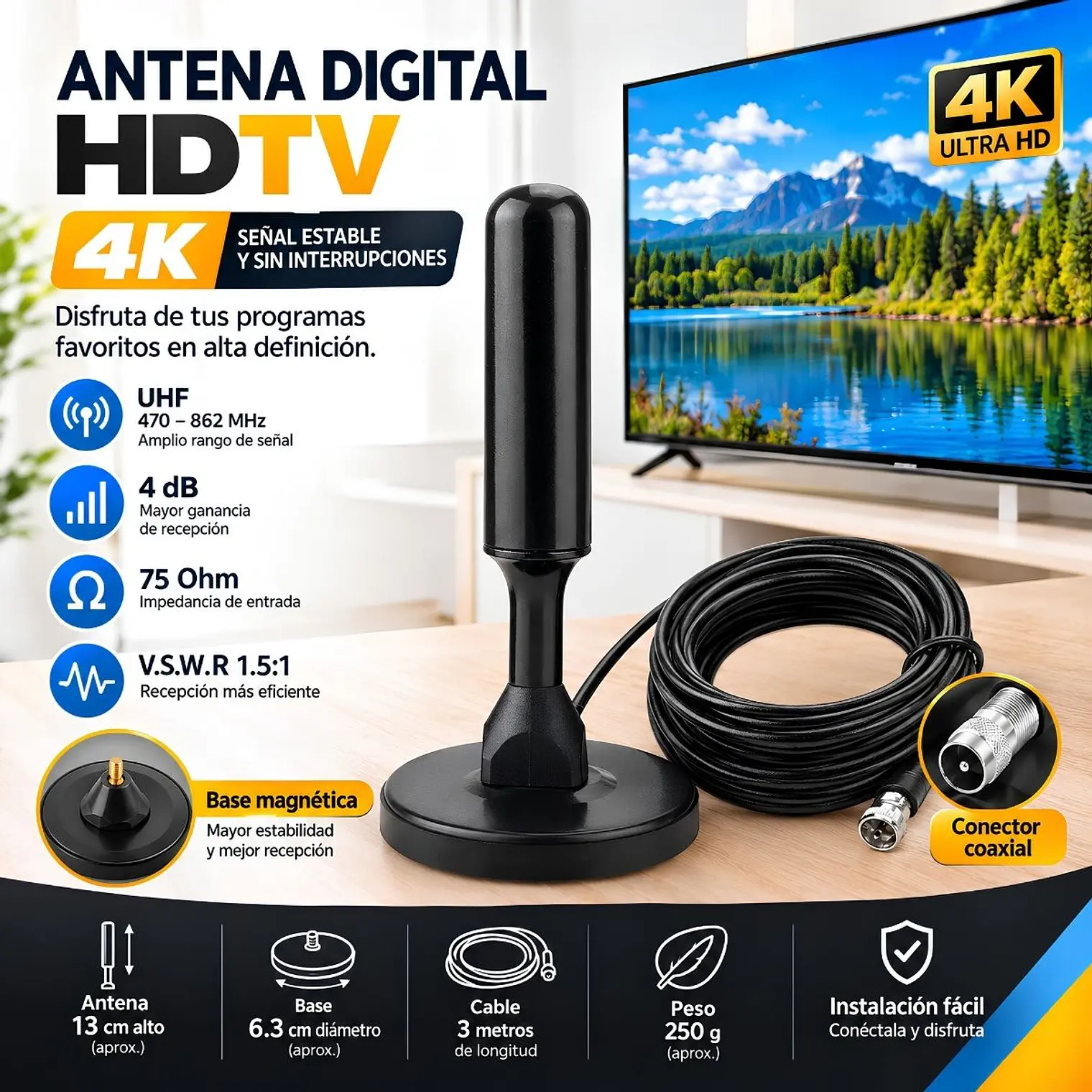 Antena Digital Hdtv 4K Con adaptador RF Coaxial 1