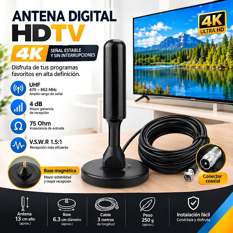 Antena Digital Hdtv 4K Con adaptador RF Coaxial 1