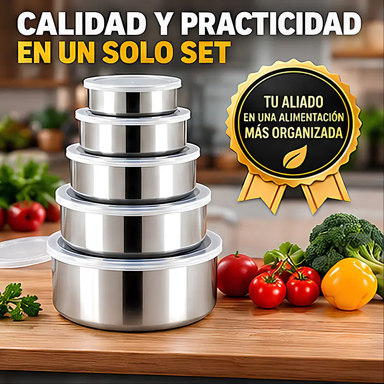 Juego de 5 Recipientes Acero Inoxidable Con Tapa Plástica 8