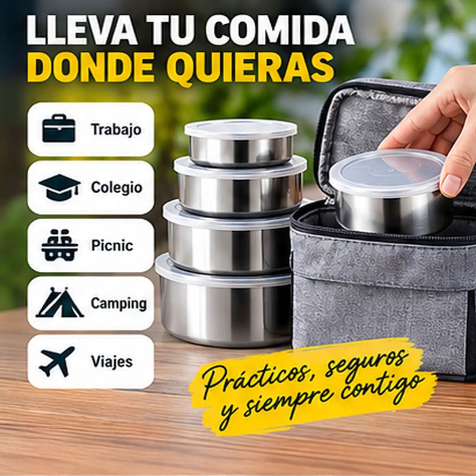 Juego de 5 Recipientes Acero Inoxidable Con Tapa Plástica 3