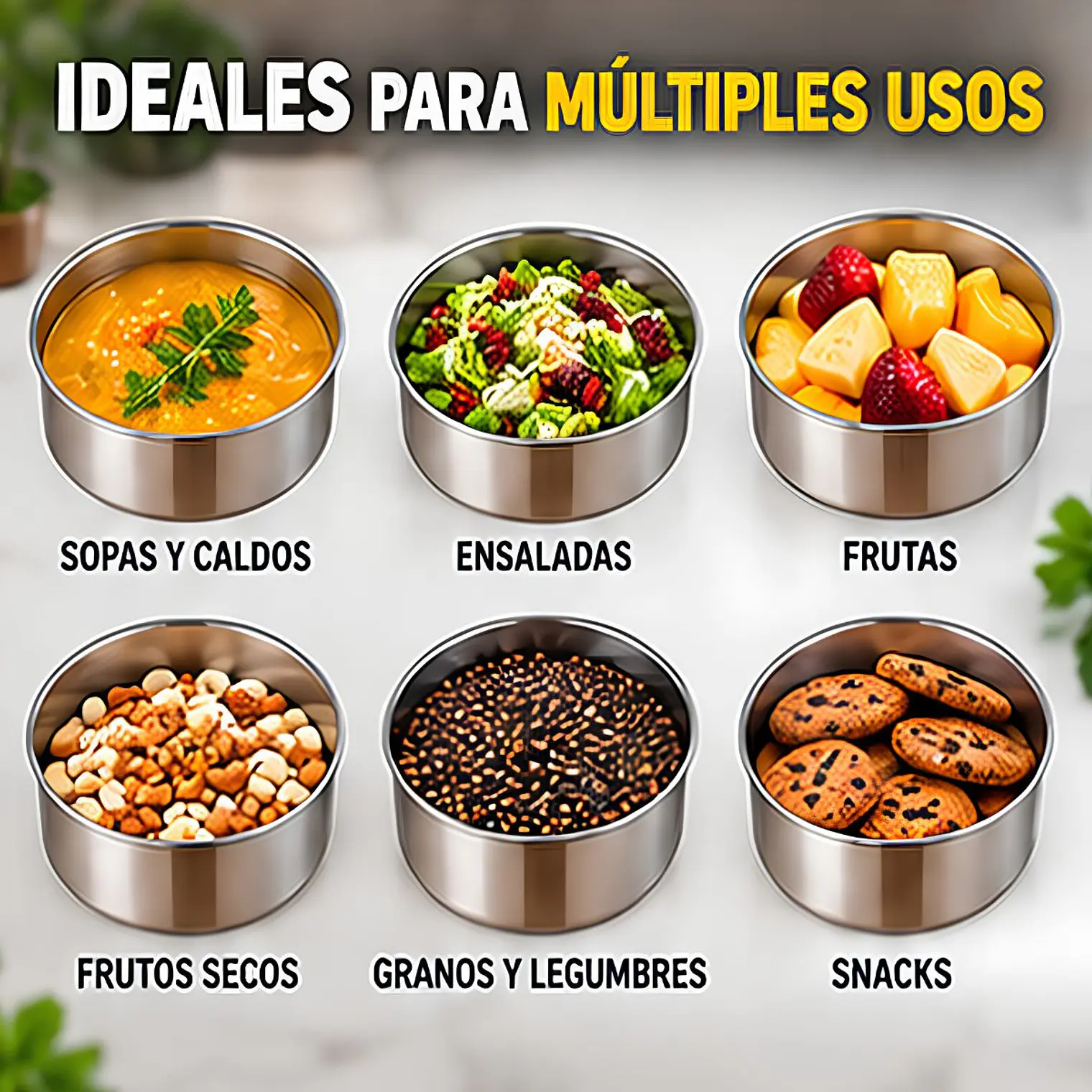 Juego de 5 Recipientes Acero Inoxidable Con Tapa Plástica 4