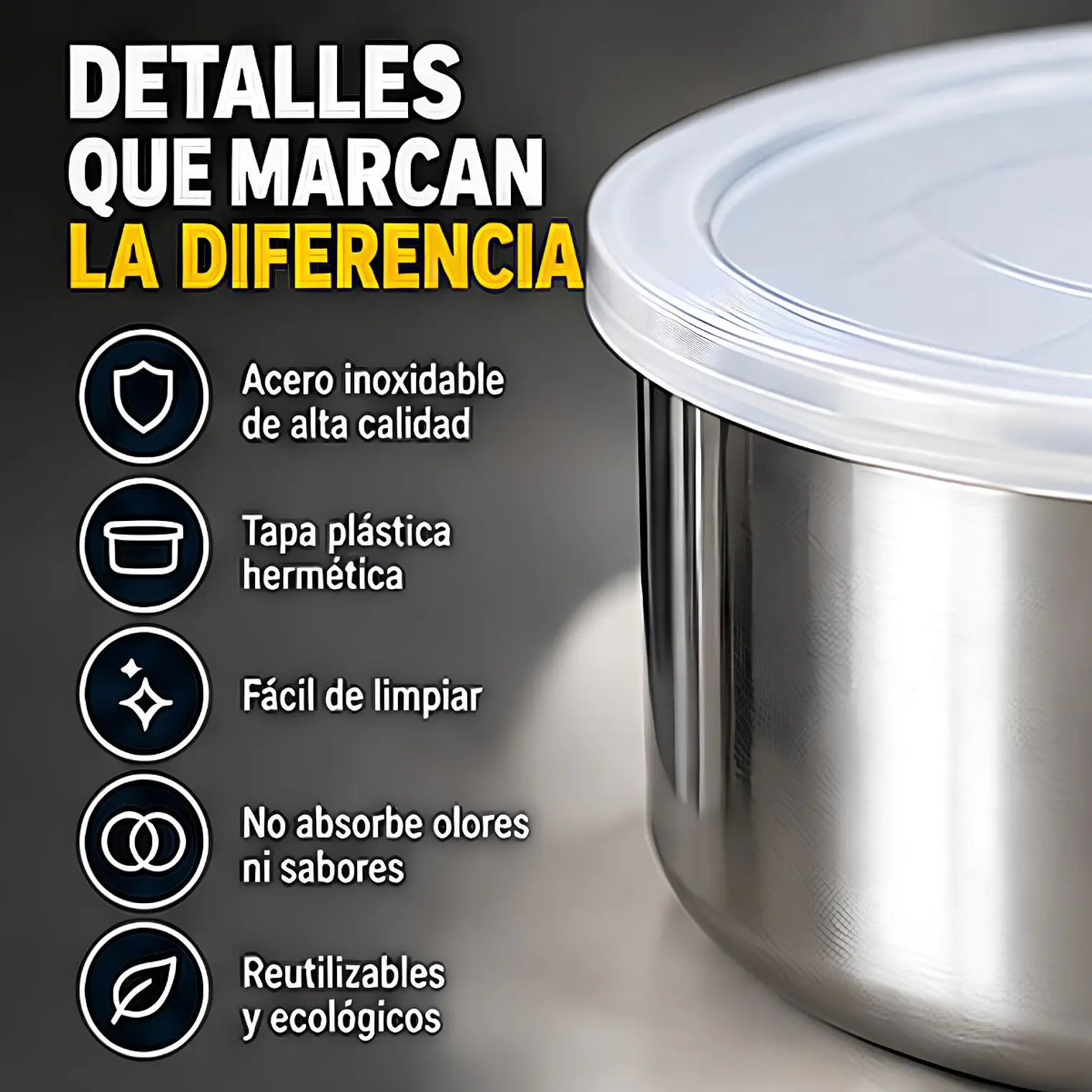 Juego de 5 Recipientes Acero Inoxidable Con Tapa Plástica 6