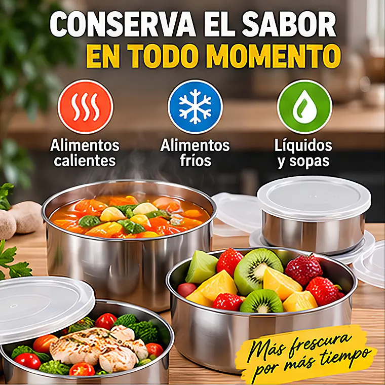 Juego de 5 Recipientes Acero Inoxidable Con Tapa Plástica 7