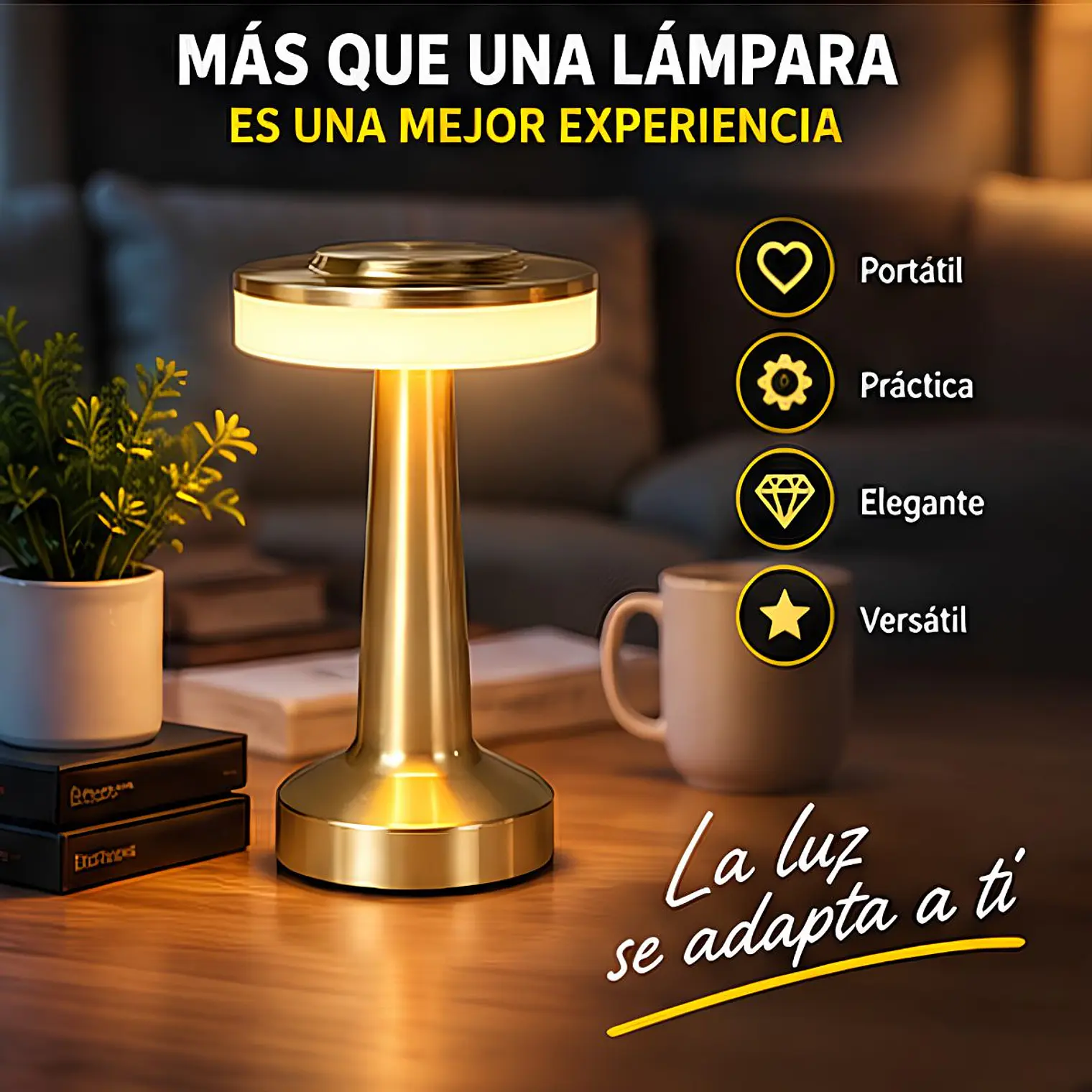 Lampara De Mesa Táctil USB Recargable Elegante Dorada 5
