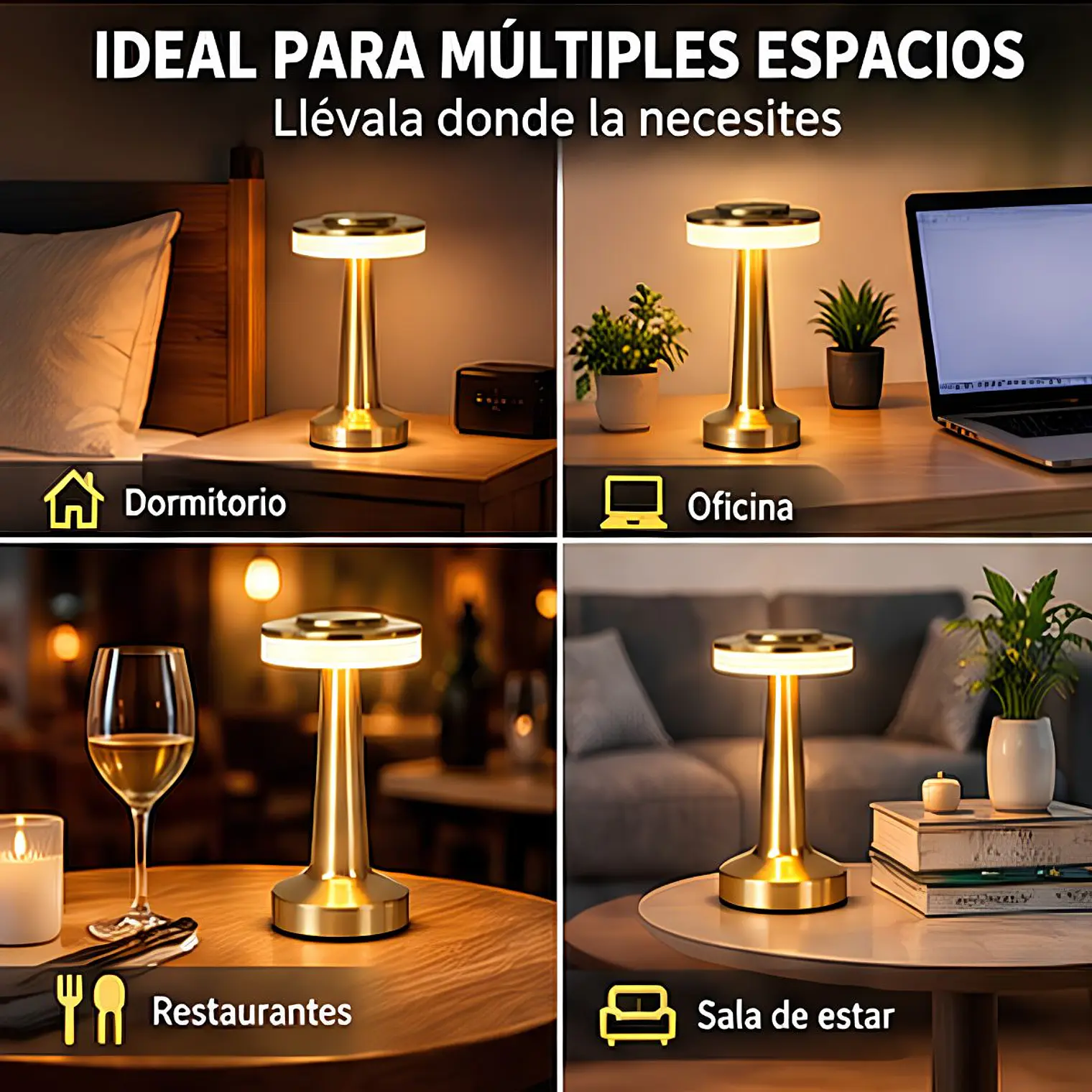 Lampara De Mesa Táctil USB Recargable Elegante Dorada 8