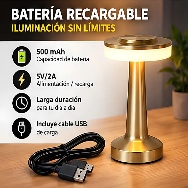 Lampara De Mesa Táctil USB Recargable Elegante Dorada 7