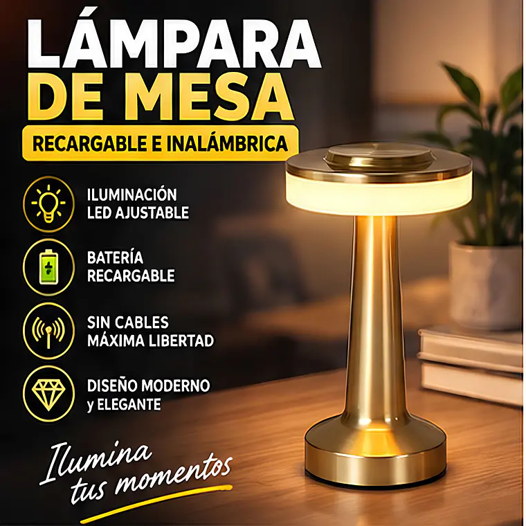 Lampara De Mesa Táctil USB Recargable Elegante Dorada 2
