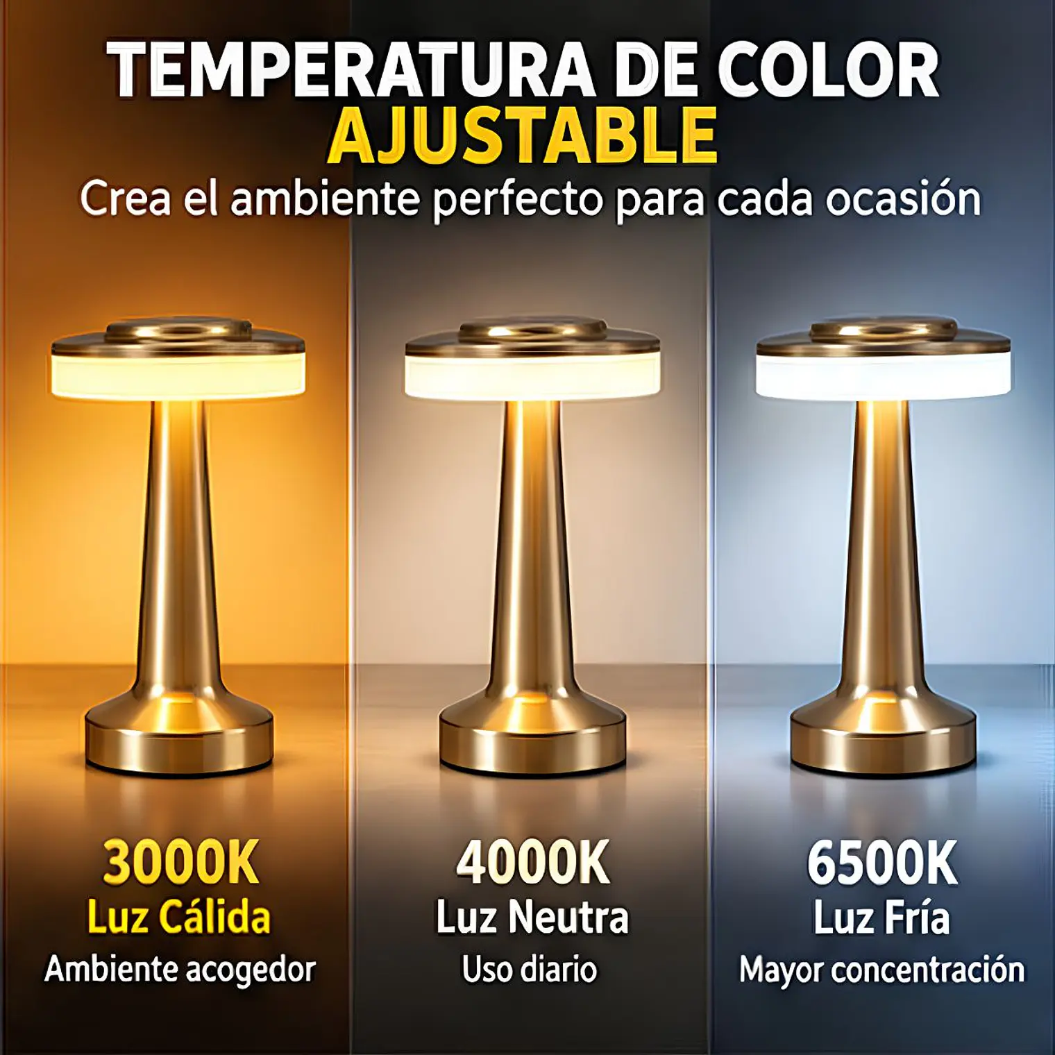 Lampara De Mesa Táctil USB Recargable Elegante Dorada 10