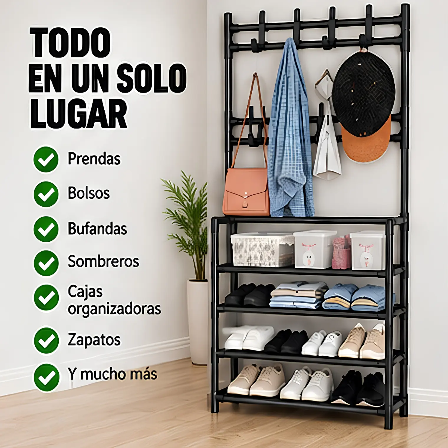 Zapatero Sneakers Organizador Con Perchero 4 Niveles Negro 6