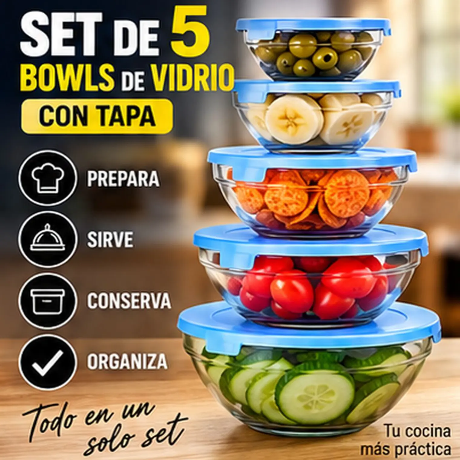 Set de 5 Bowl Recipiente y Contenedor de Vidrio con Tapa  3