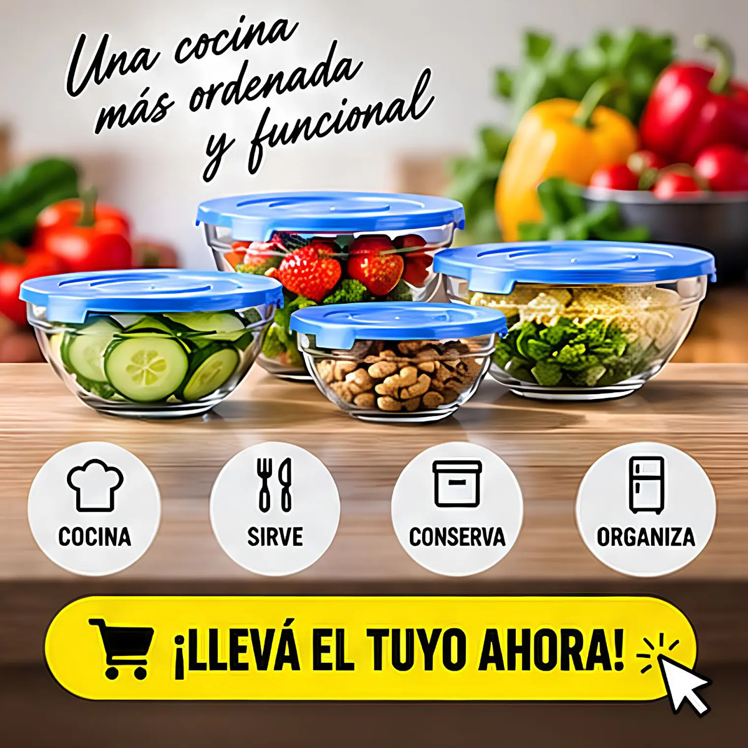 Set de 5 Bowl Recipiente y Contenedor de Vidrio con Tapa  2