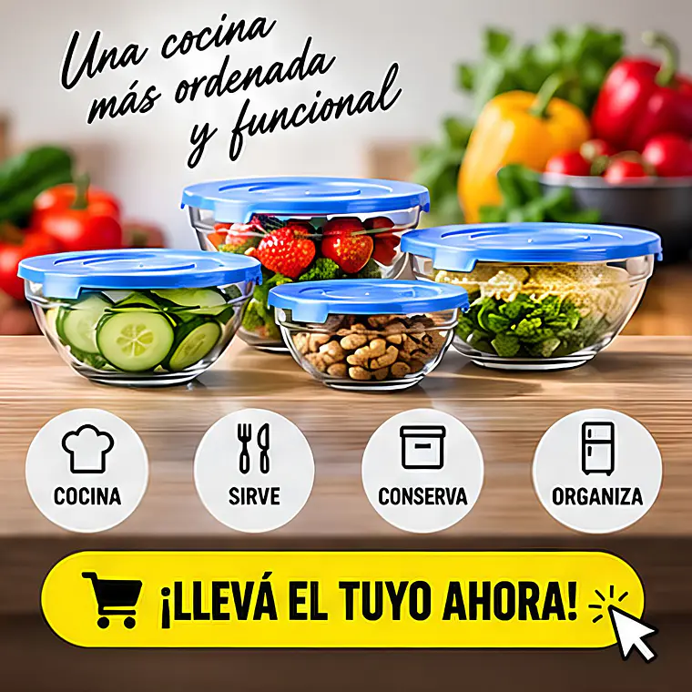 Set de 5 Bowl Recipiente y Contenedor de Vidrio con Tapa  2