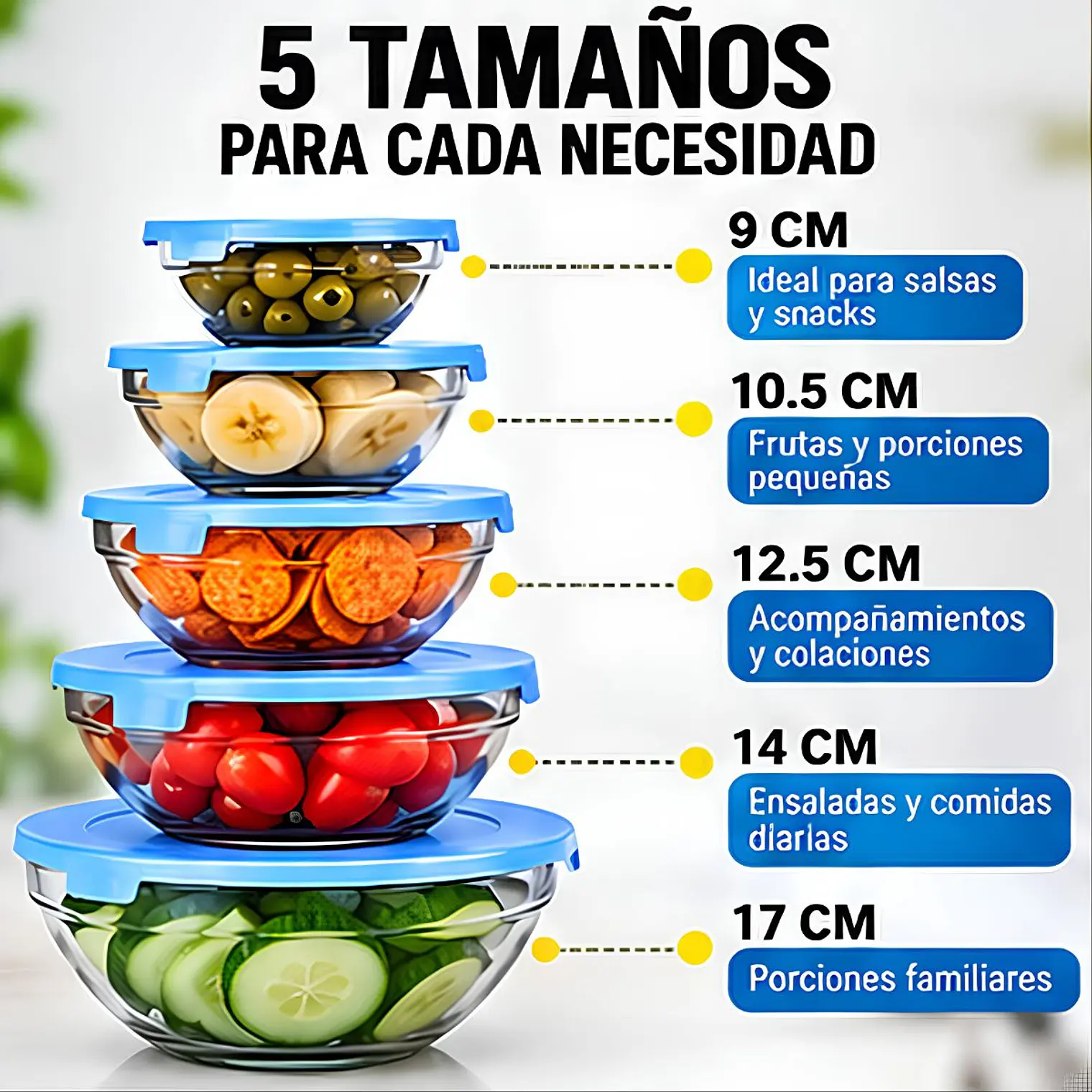 Set de 5 Bowl Recipiente y Contenedor de Vidrio con Tapa  10