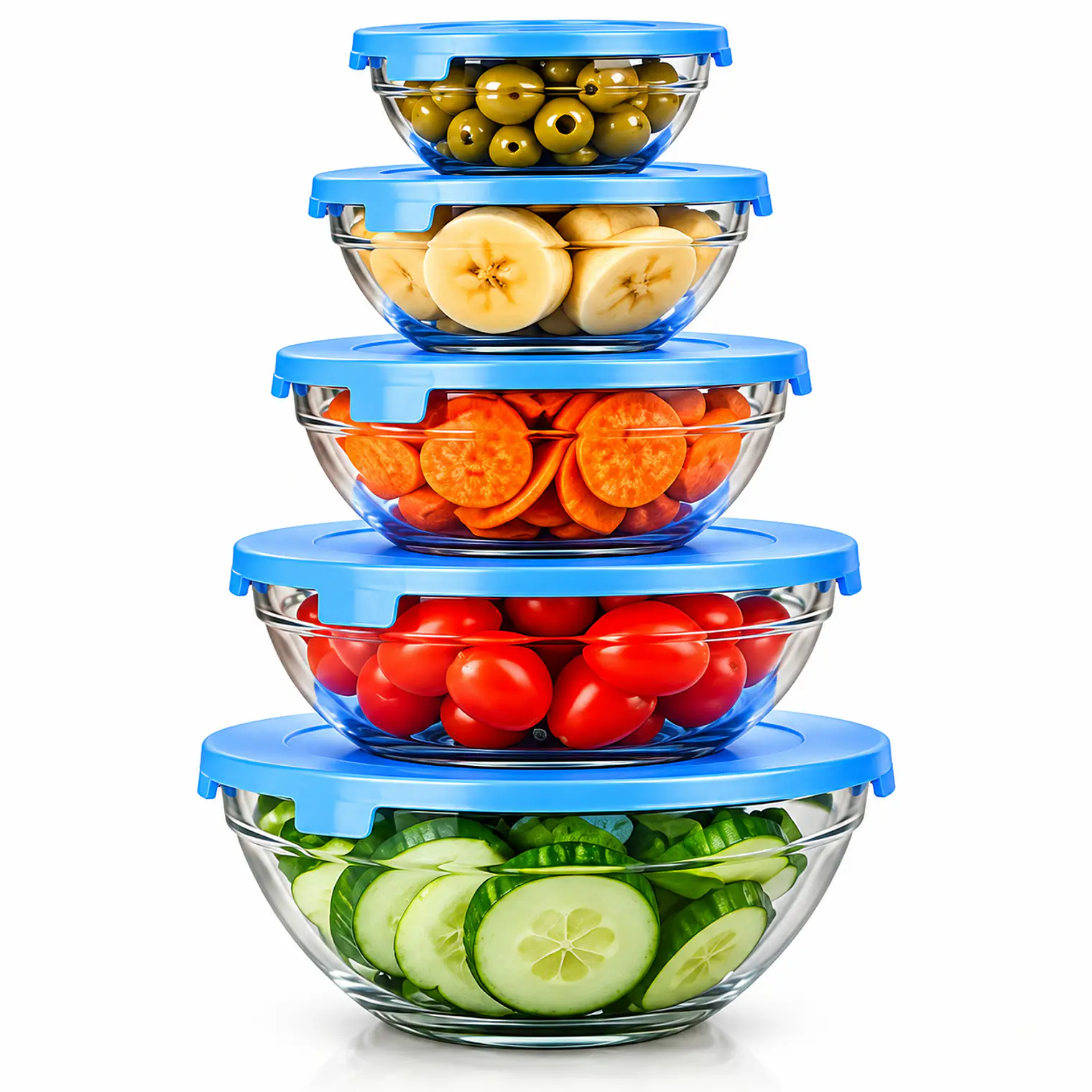 Set de 5 Bowl Recipiente y Contenedor de Vidrio con Tapa  1