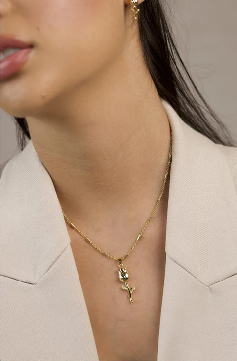Set de Collar y Aretes de Rodio Dorado con Diseño de Rosa