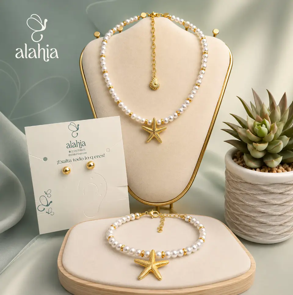 Set de Joyería de Perlas y Rodio: Collar, Pulsera y Aretes Estrella de Mar 1