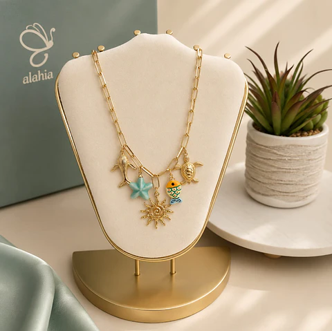 Collar en Rodio Dorado Sol y Mar con 5 Dijes de la Fauna Marina