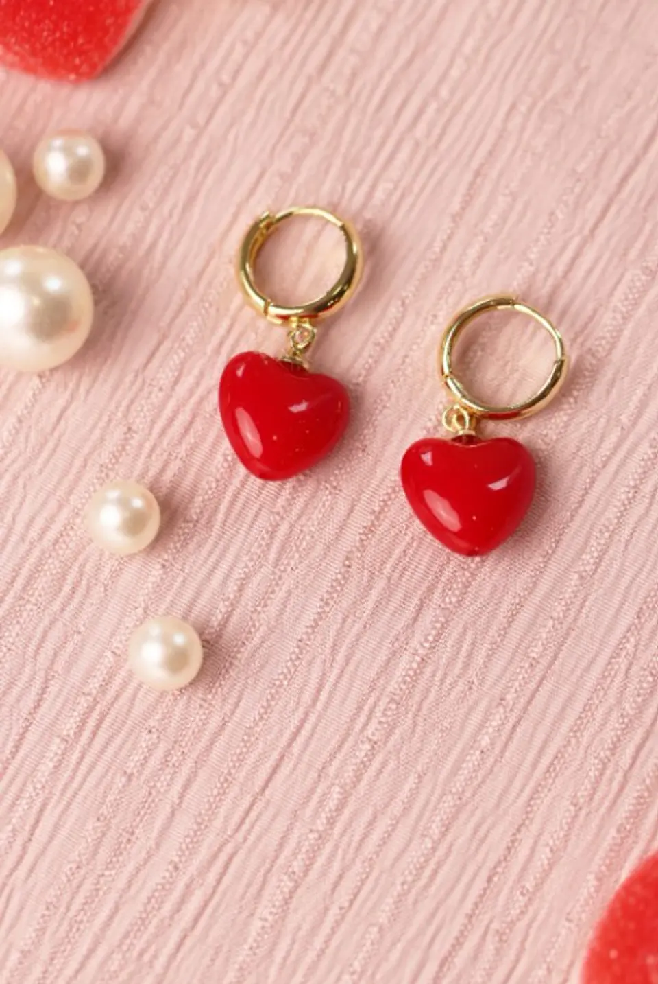 Aretes de Argolla con Dije de Corazón Rojo y Rosado 1