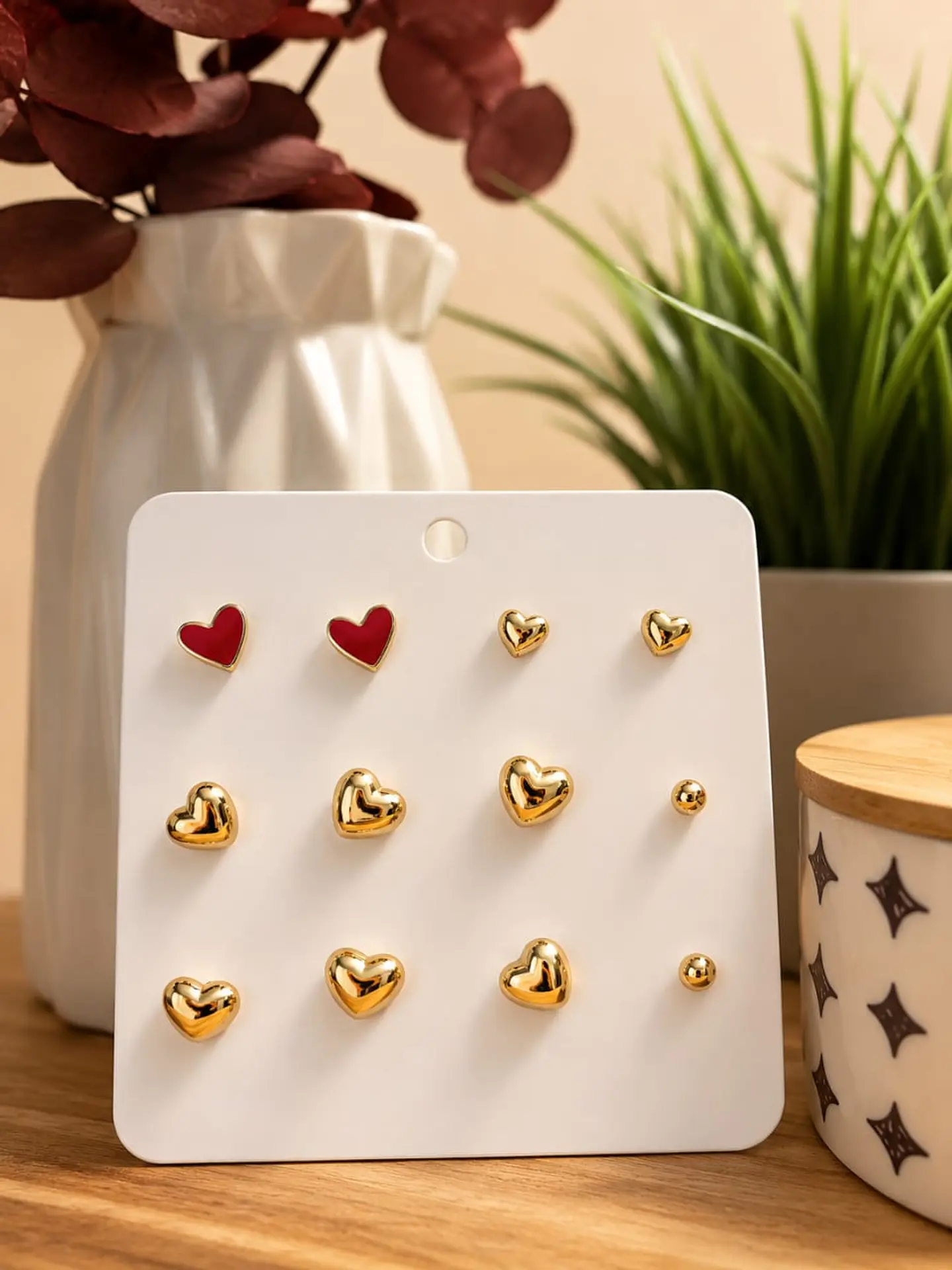 Set de Topos en Rodio de Corazón Dorado y Rojo 1