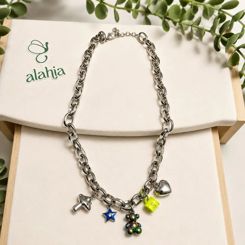 Collar de Rodio Plateado con Cadena de Eslabones y Cinco Dijes 1