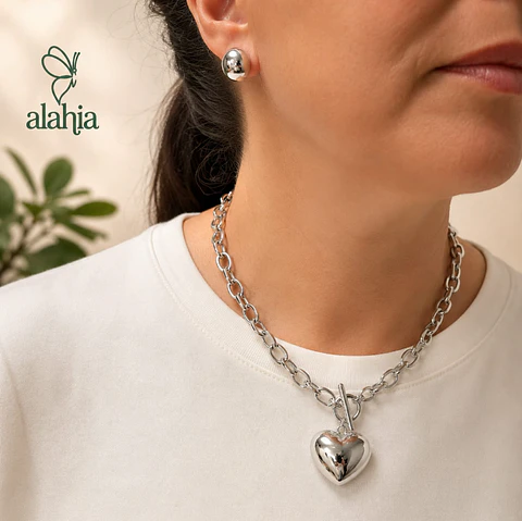 Set de Collar de Rodio Plateado con Corazón Cusco y Topos