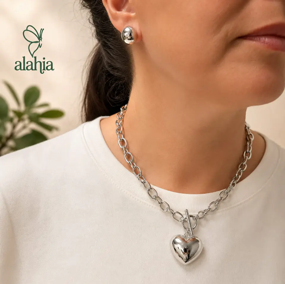Set de Collar de Rodio Plateado con Corazón Cusco y Topos 1