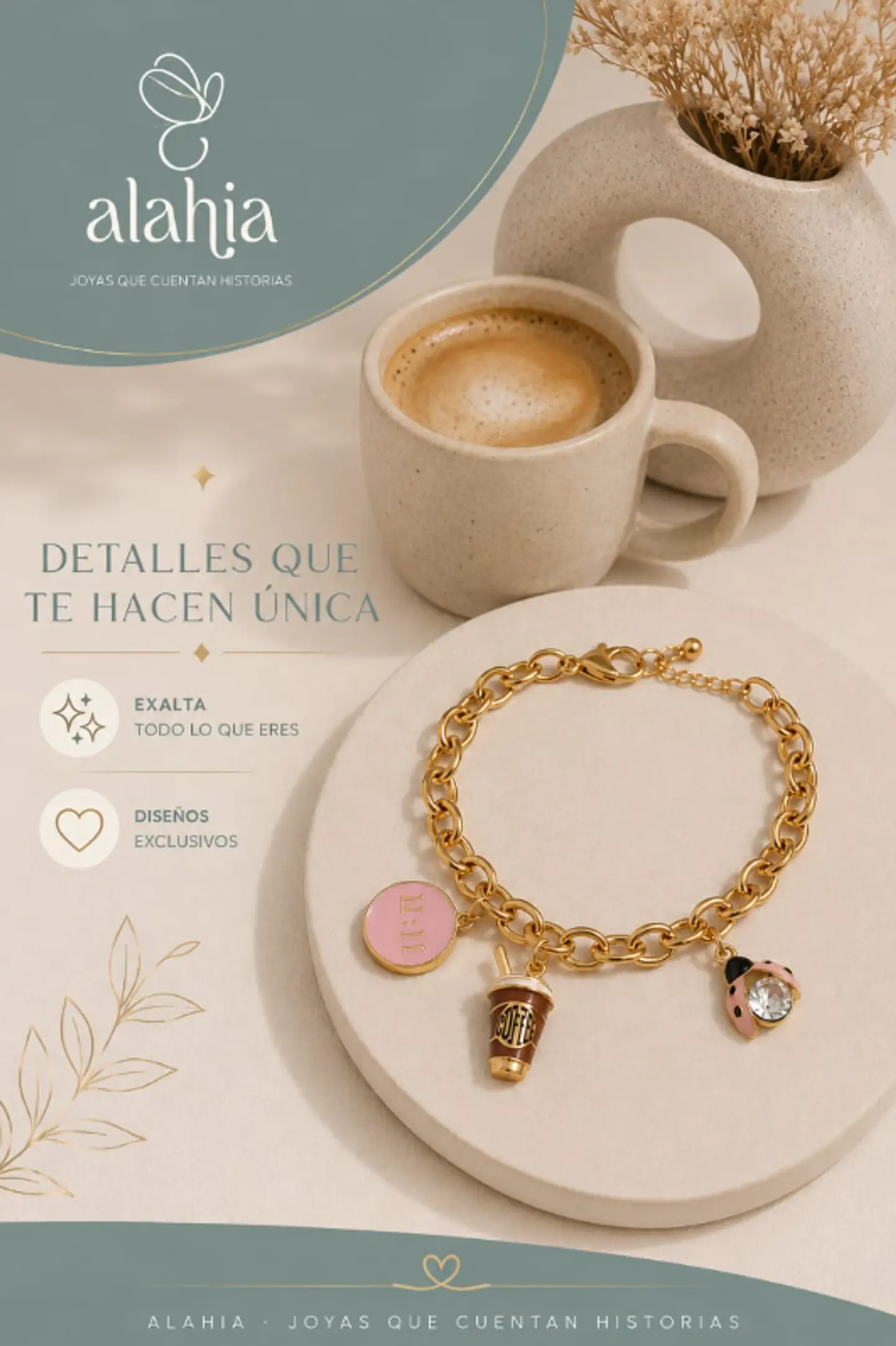 Pulsera Coffee Break de Rodio Dorado con 3 Dijes 1