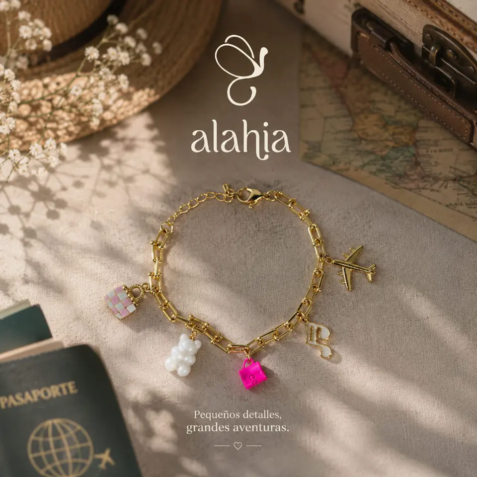Pulsera Viajes y Alegría de Rodio Dorado con 5 Dijes 1