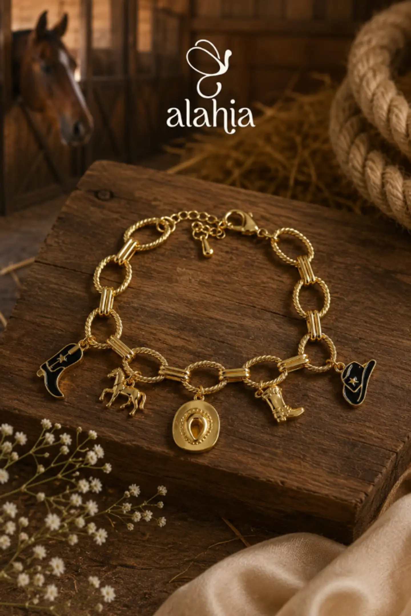 Pulsera Cowgirl de Rodio Dorado con 5 Dijes Vaqueros 1