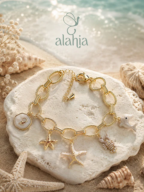 Pulsera Brisa de Mar de Rodio Dorado con 5 Dijes Marinos