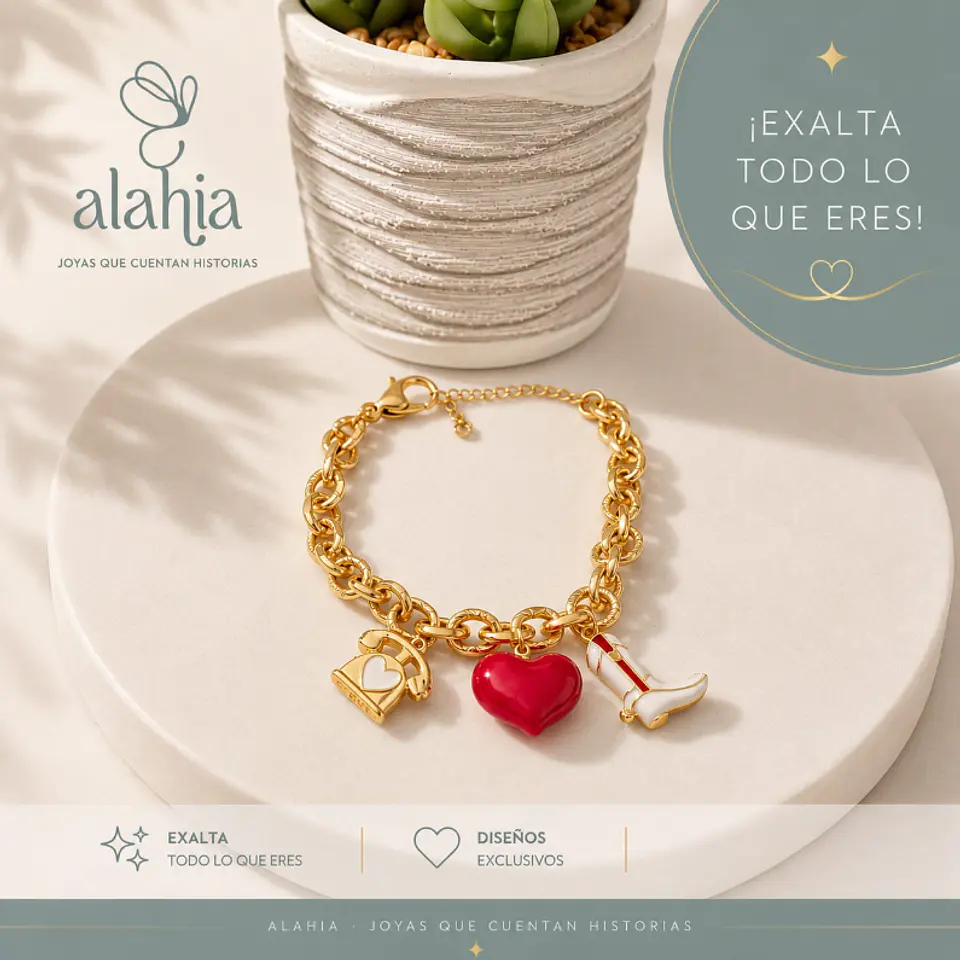 Pulsera Hello Amor de Rodio Dorado con 3 Dijes 1