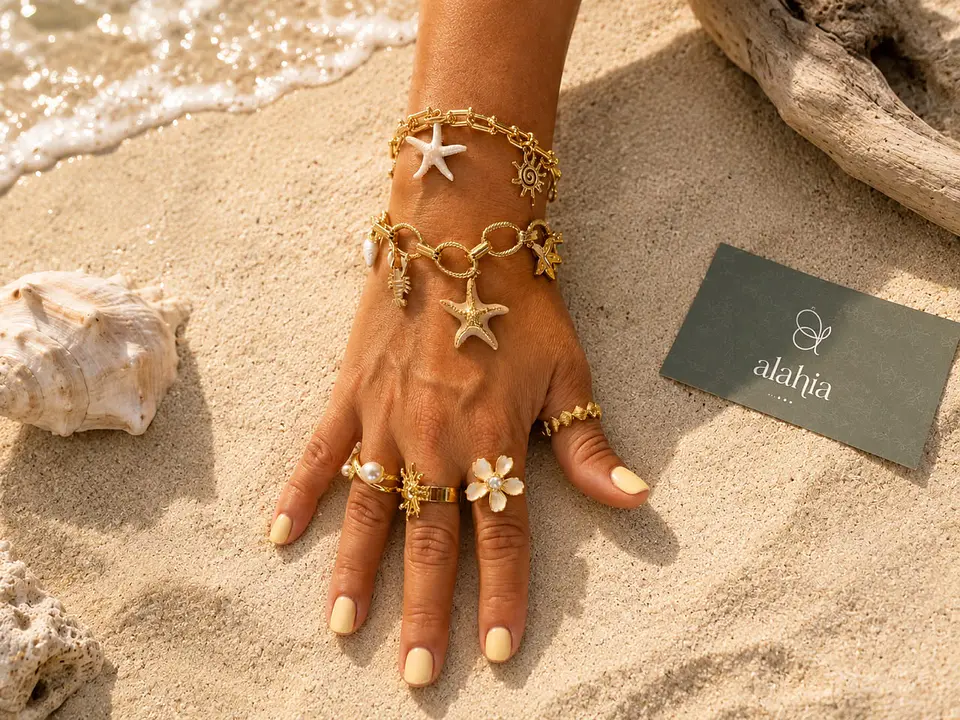 Pulsera Brisa de Mar de Rodio Dorado con 5 Dijes Marinos 2