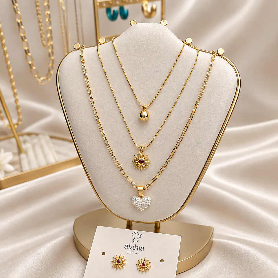 Collar en rodio con  3 cadenas y 3 dijes.  1