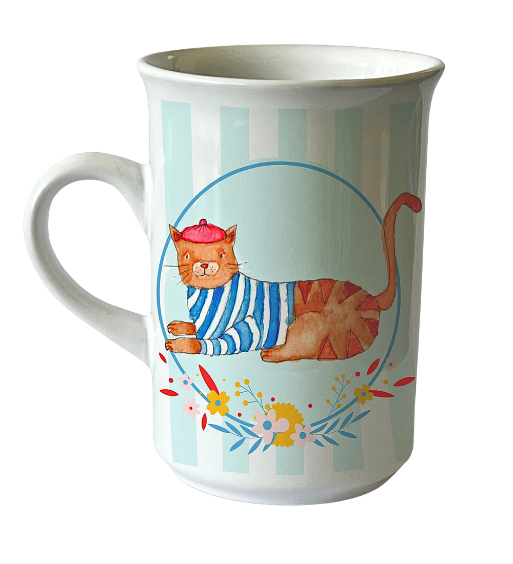 TAZA GATO VESTIDO BOINA