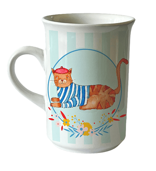 TAZA GATO VESTIDO BOINA