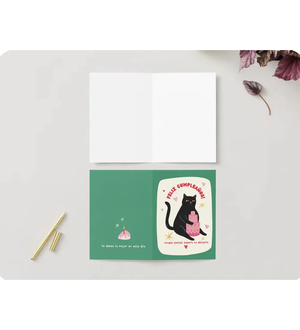 TARJETA SALUDO GATO PASTEL
