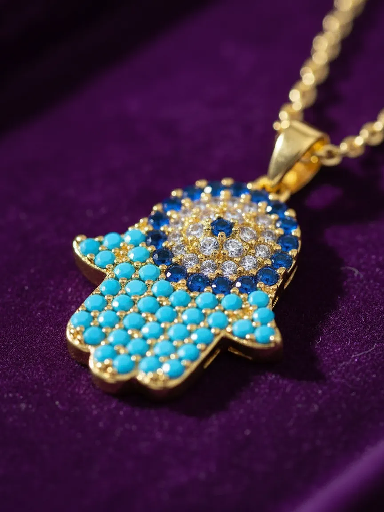 Collar Dije Mano De Fátima Ojo Turco Con Circones 2