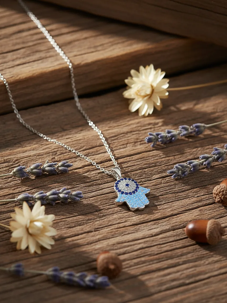 Collar Dije Mano De Fátima Ojo Turco Con Circones 5