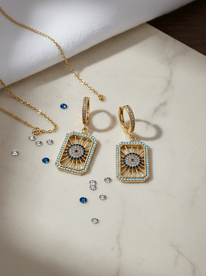 Aretes Rectangulares Ojo Turco Con Circones Plateados