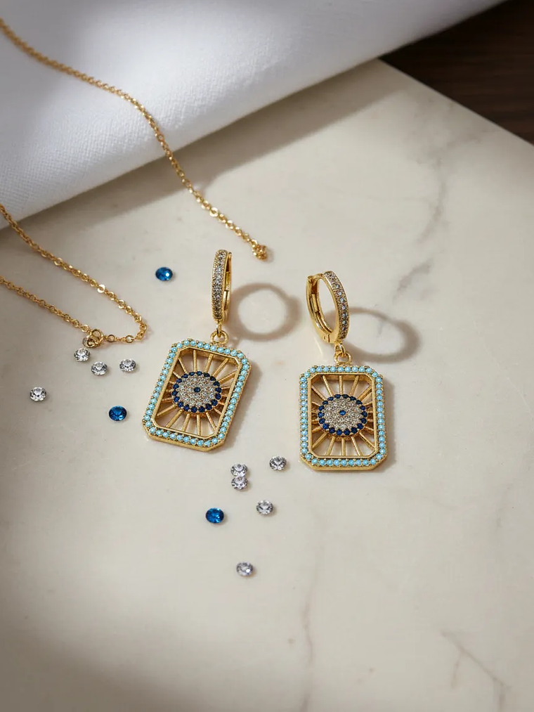 Aretes Rectangulares Ojo Turco Con Circones Plateados 1