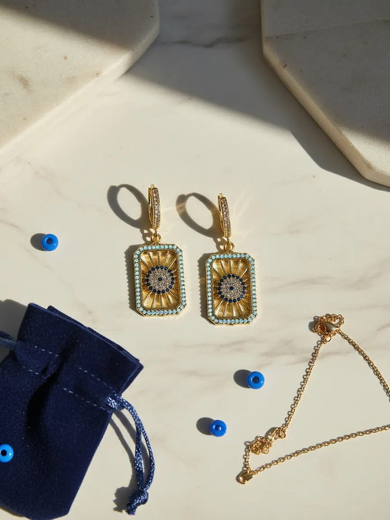 Aretes Rectangulares Ojo Turco Con Circones Plateados 2