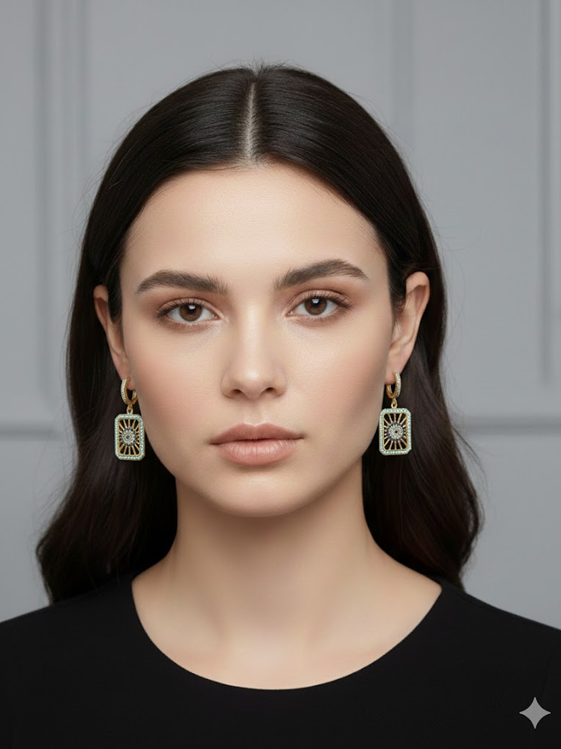 Aretes Rectangulares Ojo Turco Con Circones Plateados 3