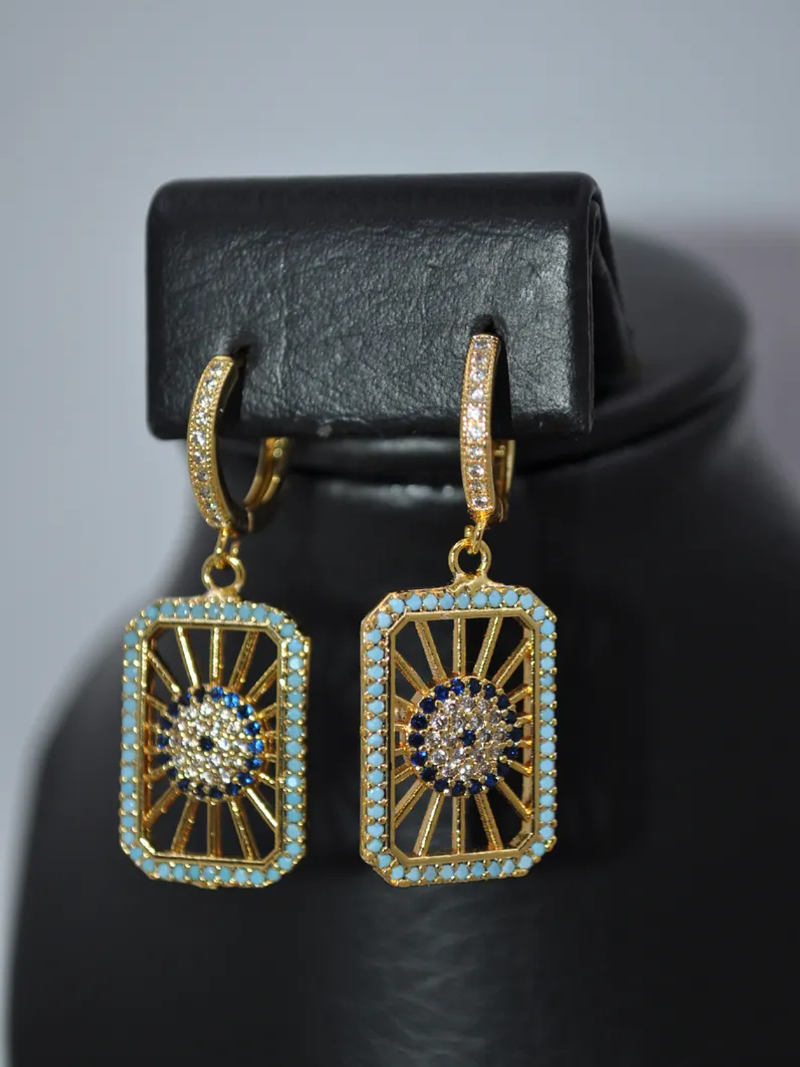 Aretes Rectangulares Ojo Turco Con Circones Plateados 4