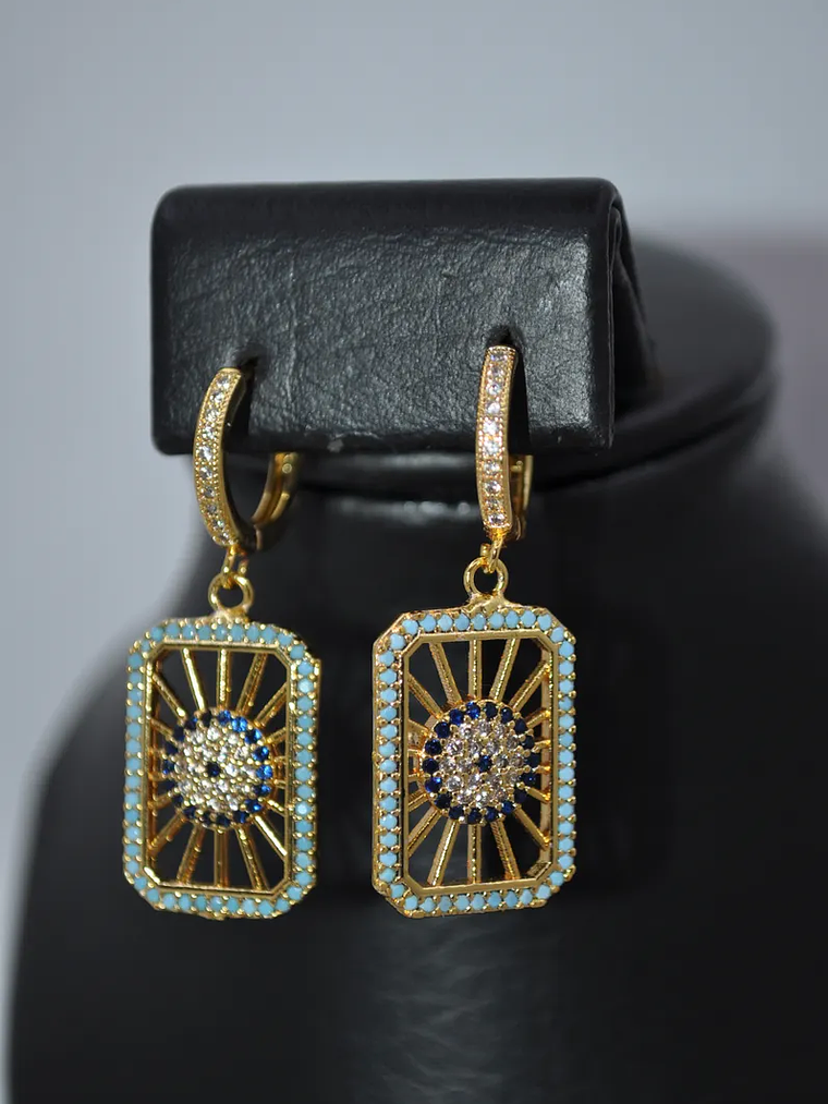 Aretes Rectangulares Ojo Turco Con Circones Plateados 4