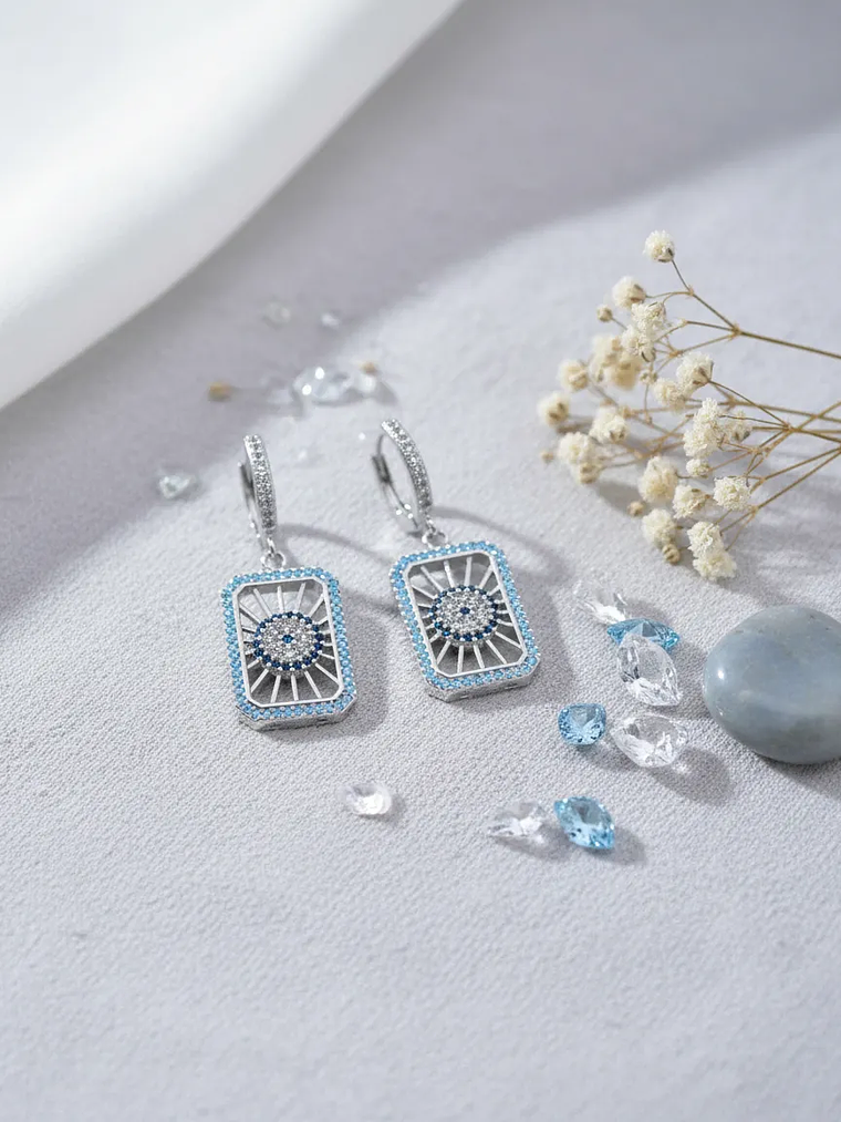 Aretes Plateados Rectangulares Ojo Turco Con Circones  1