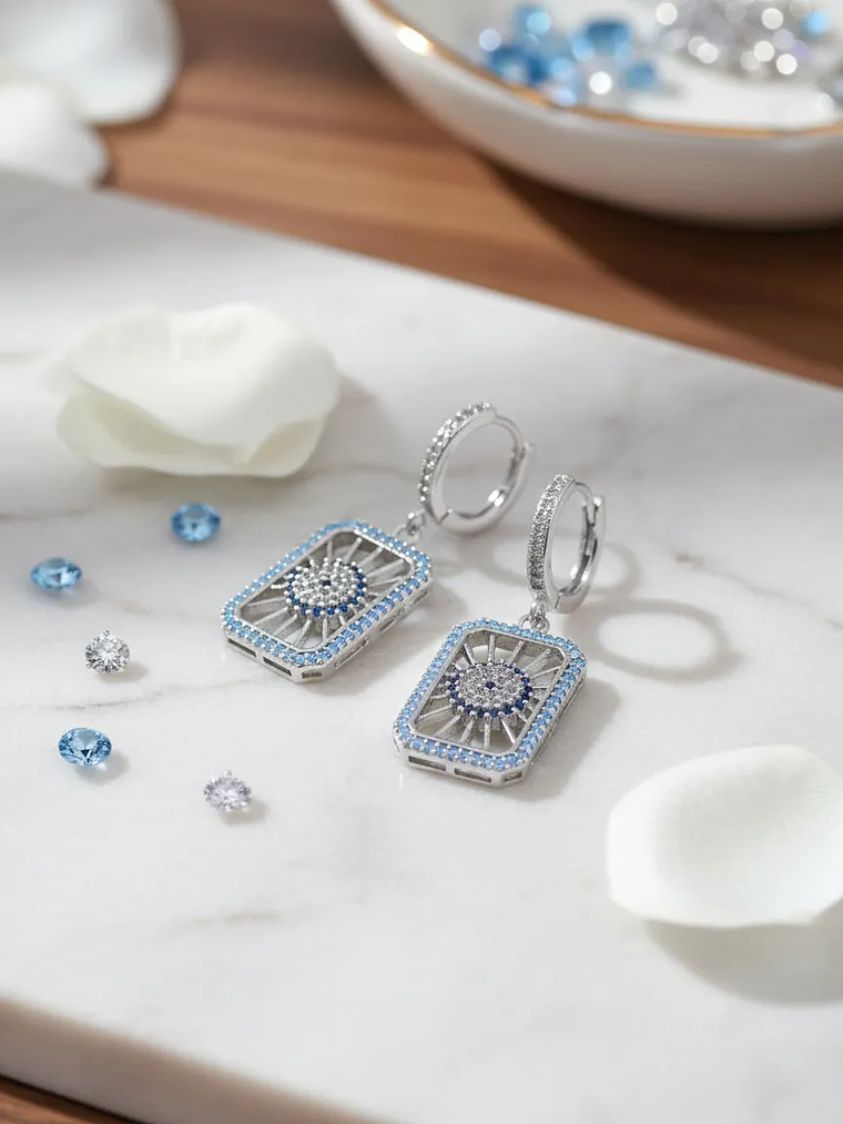 Aretes Plateados Rectangulares Ojo Turco Con Circones  2