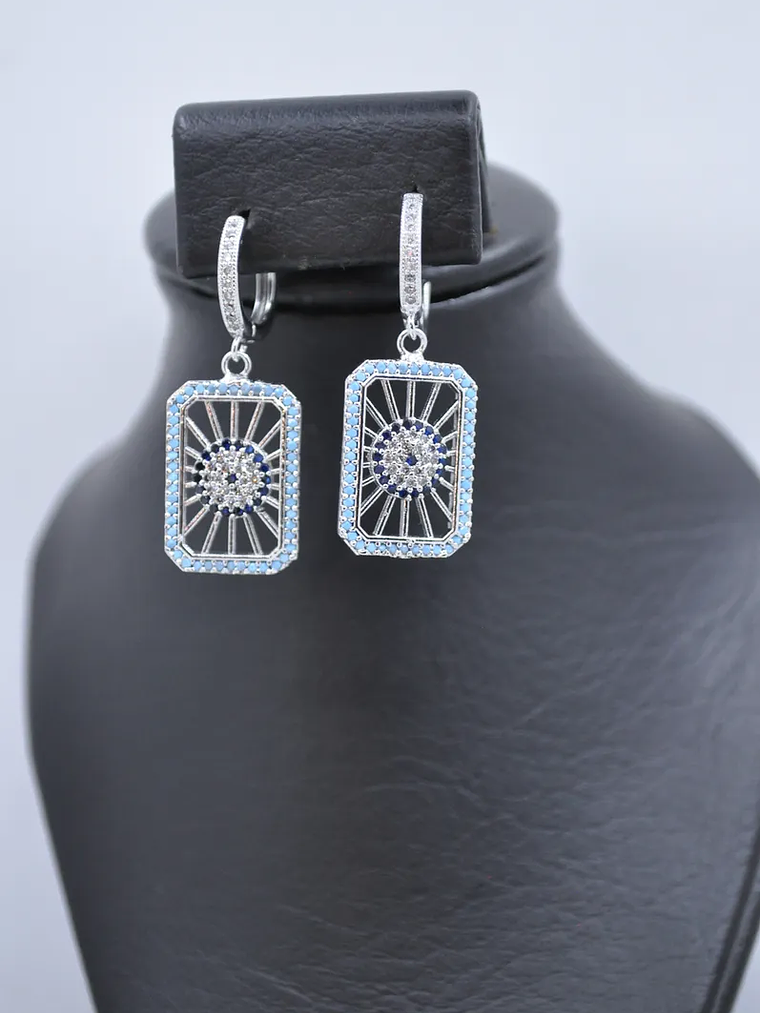 Aretes Plateados Rectangulares Ojo Turco Con Circones  4