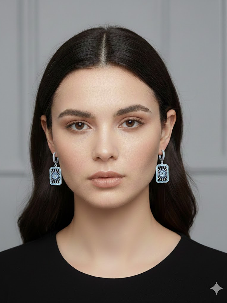 Aretes Plateados Rectangulares Ojo Turco Con Circones  3