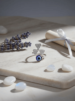 Anillo Ojo Turco y Trébol De La Suerte Plateado Ajustable