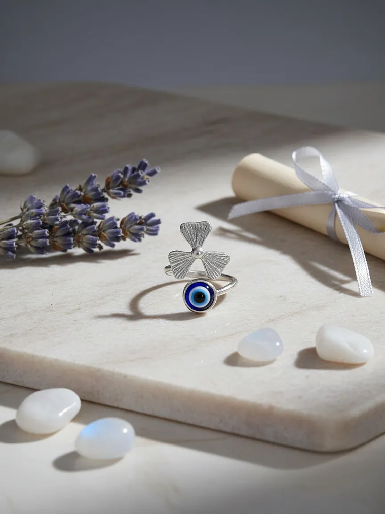 Anillo Ojo Turco y Trébol De La Suerte Plateado Ajustable 1